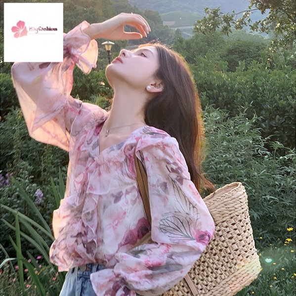Áo Sơ Mi Chiffon Tay Dài Dáng Rộng Cổ Chữ V Phối Bèo Họa Tiết Hoa Phong Cách