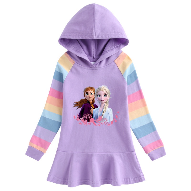 Đầm Hoodie Tay Dài In Hình Elsa Anna Hoạt Hình Dành Cho Bé Gái