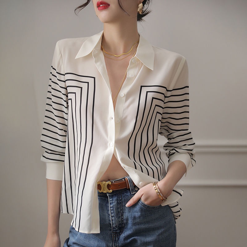 Áo Sơ Mi Tay Dài Dáng Rộng Họa Tiết Kẻ Sọc Thời Trang Sang Trọng Cho Nữ