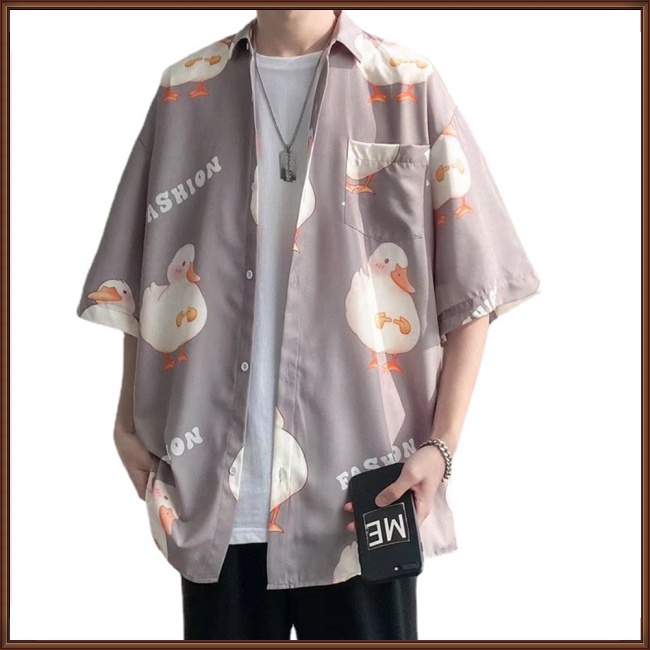 Áo Sơ Mi Tay Lửng Dáng Rộng In Họa Tiết Vịt Hoạt Hình Phong Cách Hawaii Thời Trang Mùa Hè Cho Nam