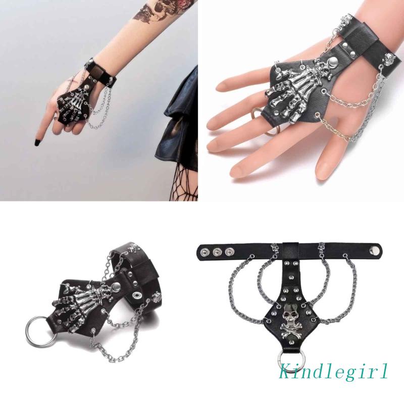 Vòng Tay Da Màu Đen Phối Nhẫn Hình Bộ Xương Phong Cách Gothic Punk