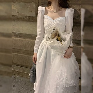 Đầm Trắng Dài Tay Lãng Mạn Thời Trang Mùa Thu Pháp Mới Cho Nữ