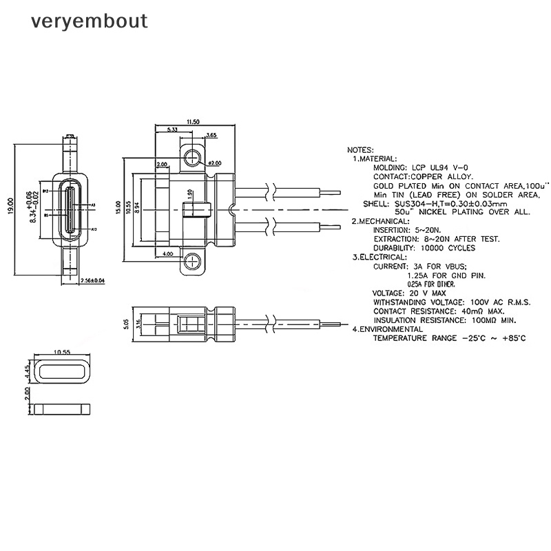 Cổng USB Type C 2Pin Chống Thấm Nước Có Lỗ Sạc Nhanh Giao Diện USB Kèm Cáp H11.5mm n