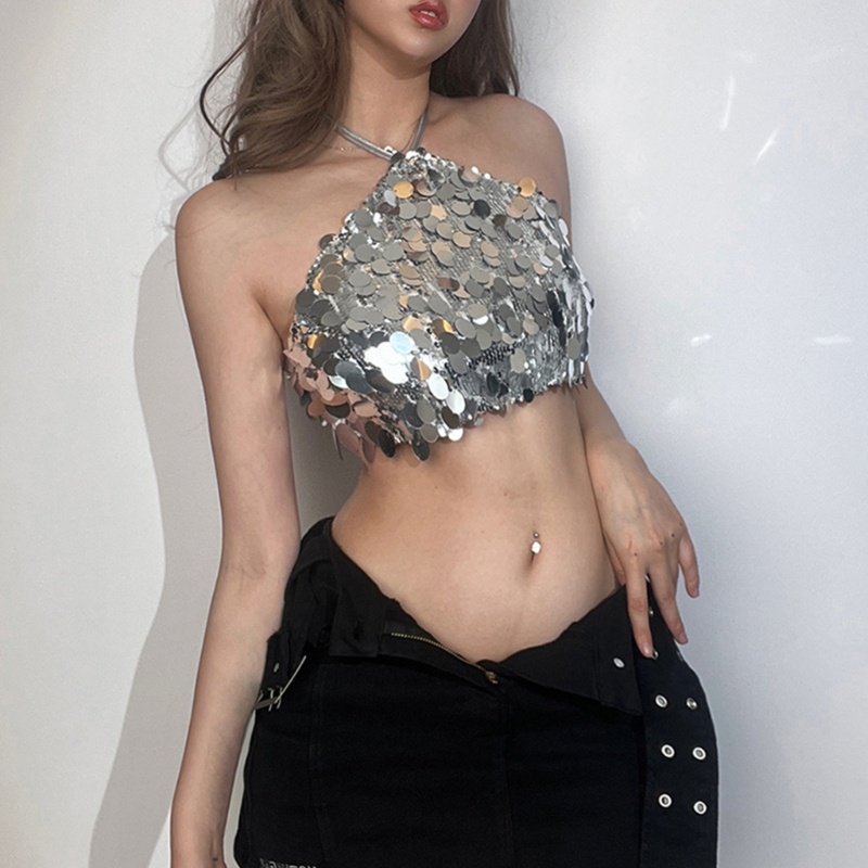 Áo Croptop Hai Dây Đính Kim Sa Lấp Lánh Thời Trang Mùa Hè Quyến Rũ Cho Nữ