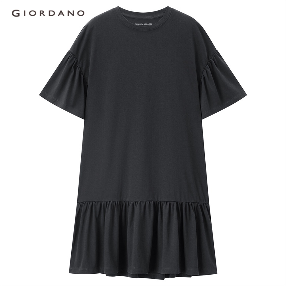 Đầm GIORDANO 05463463 dệt kim viền nhún bèo cổ tròn làm mát oxy công nghệ cao dành cho nữ