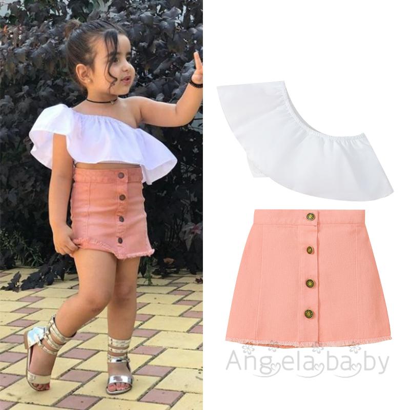 Set Áo Hở Vai Phối Bèo Nhún + Chân Váy Lưng Cao Cài Nút Dễ Thương Cho Bé Gái 1-6 Tuổi