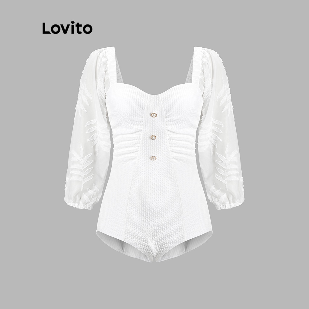 Đồ bơi một mảnh Lovito phối nút phía trước vải xếp nếp họa tiết thêu chắp vá mặc thường ngày cho nữ L50AD012 (trắng)