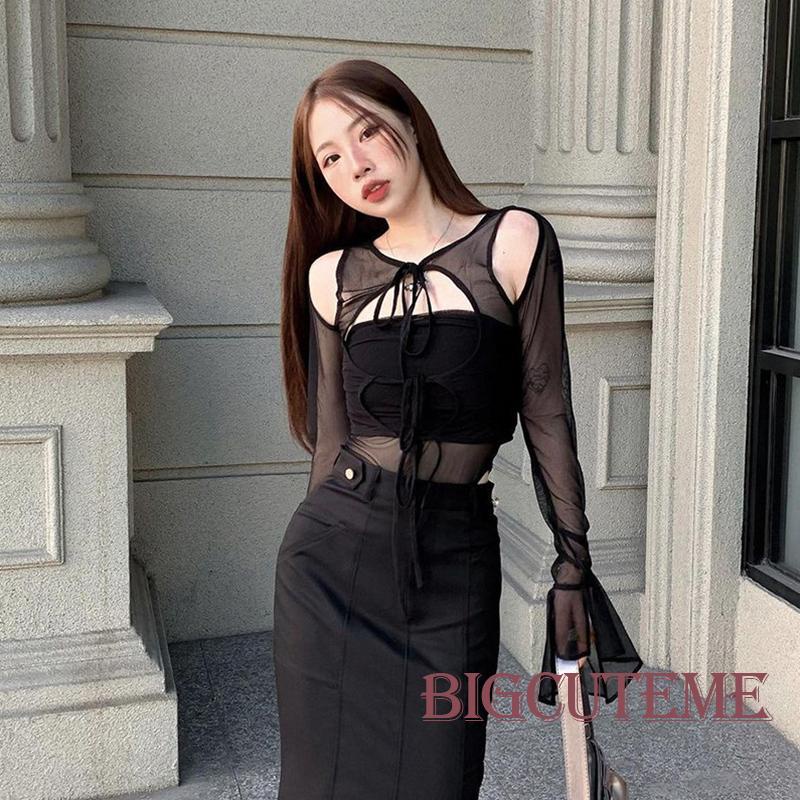 [] Bộ Áo Liền Quần Ống Loe Dài Tay Giả Hai Mảnh Màu Đen Thời Trang Xuân Thu Cho Nữ