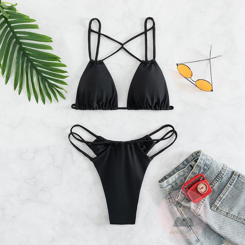 Bộ Đồ Bơi Bikini Màu Trơn Chéo Dây Có Đệm Ngực Thời Trang Mùa Hè Cho Nữ