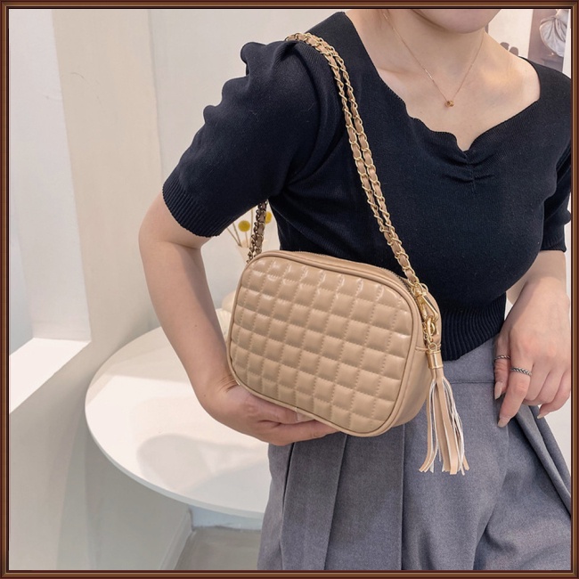 Túi Xách Da Pu Mini Dáng Vuông Vân Kim Cương Phối Dây Xích Kiểu Retro Đơn Giản Cho Nữ