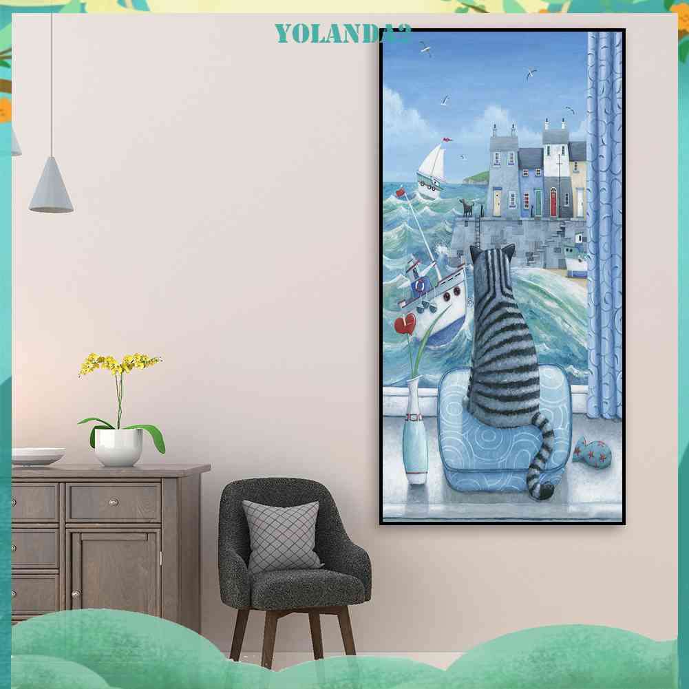 Bộ Tranh Đính Đá 5D Tự Làm Toàn Diện Hình Mèo Xem Sóng