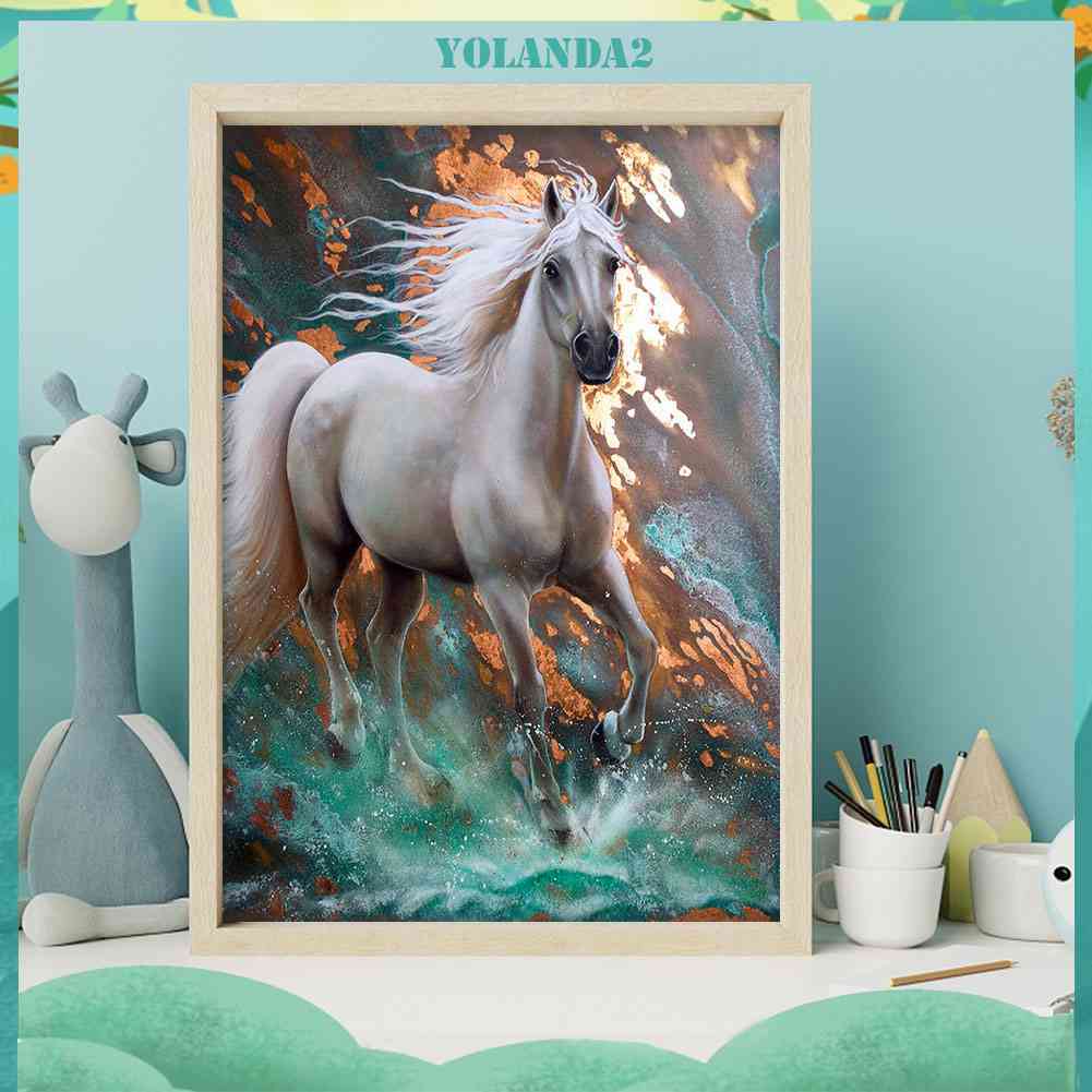 Tranh Đính Đá Kim Cương Toàn Bộ Hình Vẽ Ngựa Trắng Chạy Trên Tường Trang Trí Nội Thất