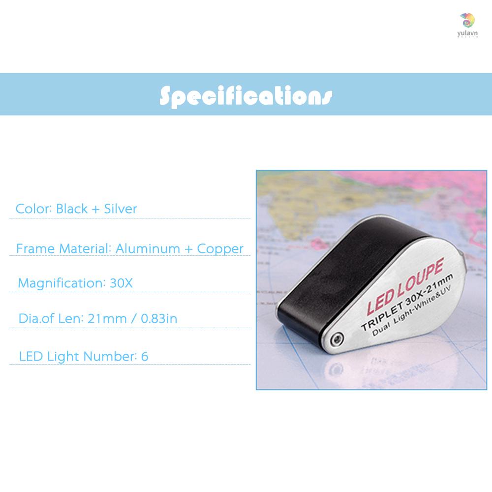 Kính Lúp 30X Mini Cầm Tay Đa Năng Có Đèn LED 6 Bóng 21mm 6 Chế Độ