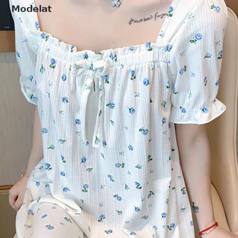 Mfc Đồ ngủ Phối Ren Tay Ngắn In Họa Tiết Hoa Cột Nơ Xinh Xắn Cho Nữ