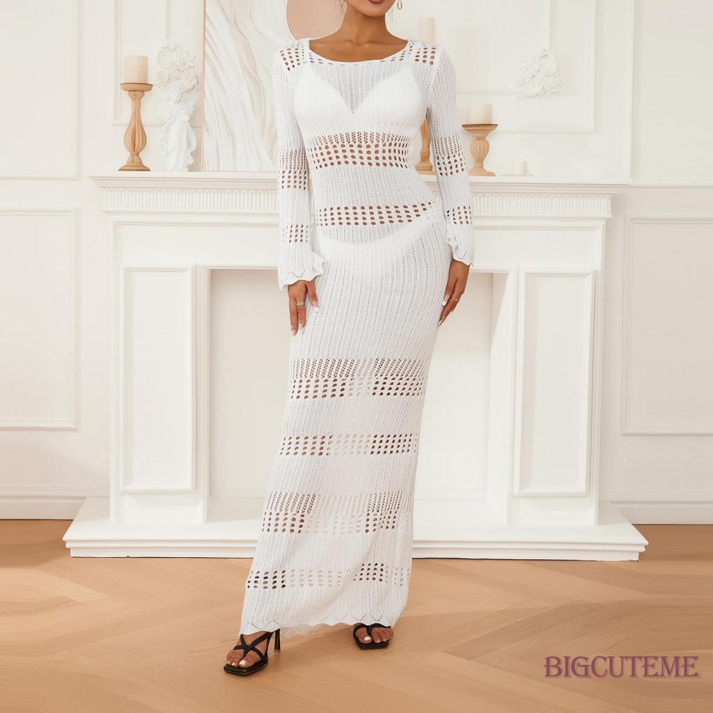 Đầm Ôm Dệt Kim Tay Dài Hở Lưng Màu Sắc Thời Trang Dành Cho Nữ