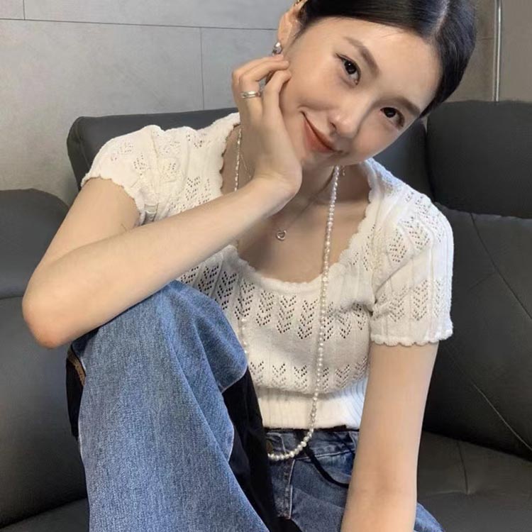 SUXI Áo Dệt Kim Ngắn Tay Khoét Eo Phong Cách Hàn Quốc Thời Trang Mùa Hè Cho Nữ