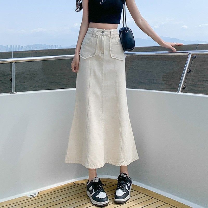 Chân Váy Denim Dài Dáng Chữ a Lưng Cao Màu Trắng Thời Trang Mùa Hè Cho Nữ One
