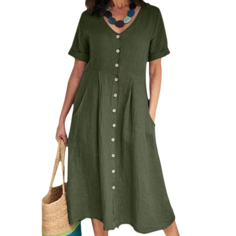 Đầm Dài Tay Ngắn Cổ Chữ V Eo Cao Có Túi Thời Trang Dành Cho Nữ