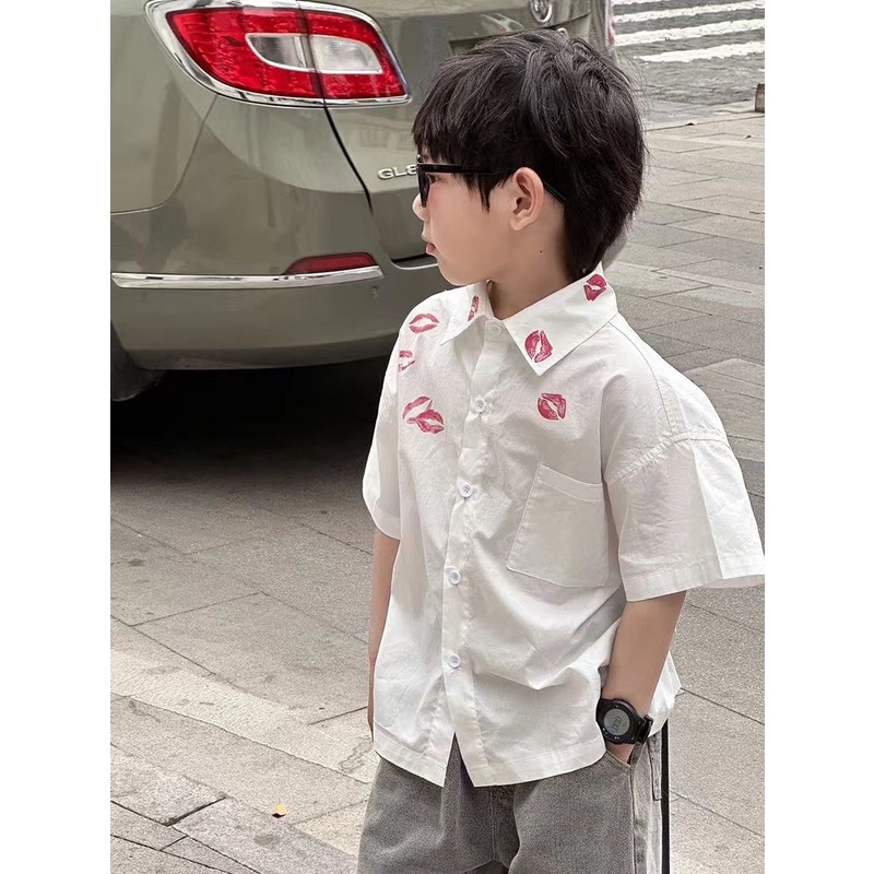 Áo Sơ Mi Ngắn Tay Dáng Rộng In Hình Đôi Môi Thời Trang Mùa Hè Hàn Quốc Dành Cho Bé Trai