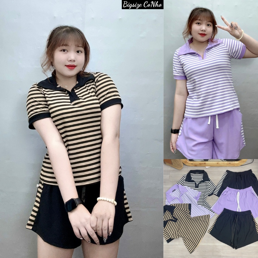 Áo thun polo cổ trụ bigsize nữ kèm quần đùi thun phối sọc co giãn chất gân tăm, Set bộ bigsize Cô Nhỏ - STRU22
