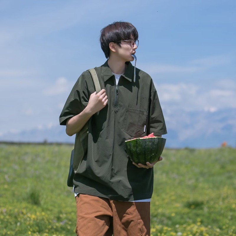 Áo Thun POLO Tay Ngắn Có Khóa Kéo Phong Cách Nhật Bản Thời Trang Mùa Hè Cho Nam