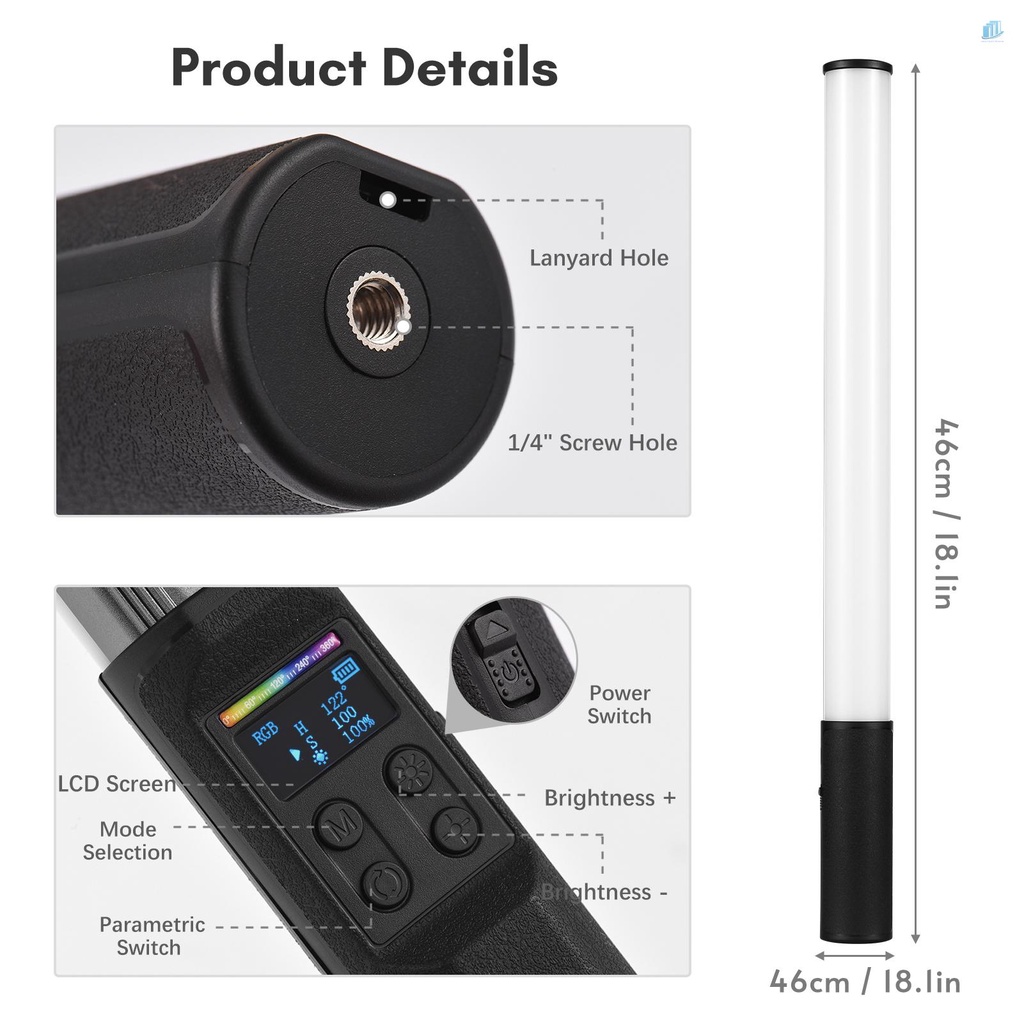 Gậy Đèn LED Video RGB Andoer W150RGB-II Cầm Tay 2500K-9000K 20 Hiệu Ứng Ánh Sáng Tích Hợp Pin Có Màn Hình LCD Cho Live Streami