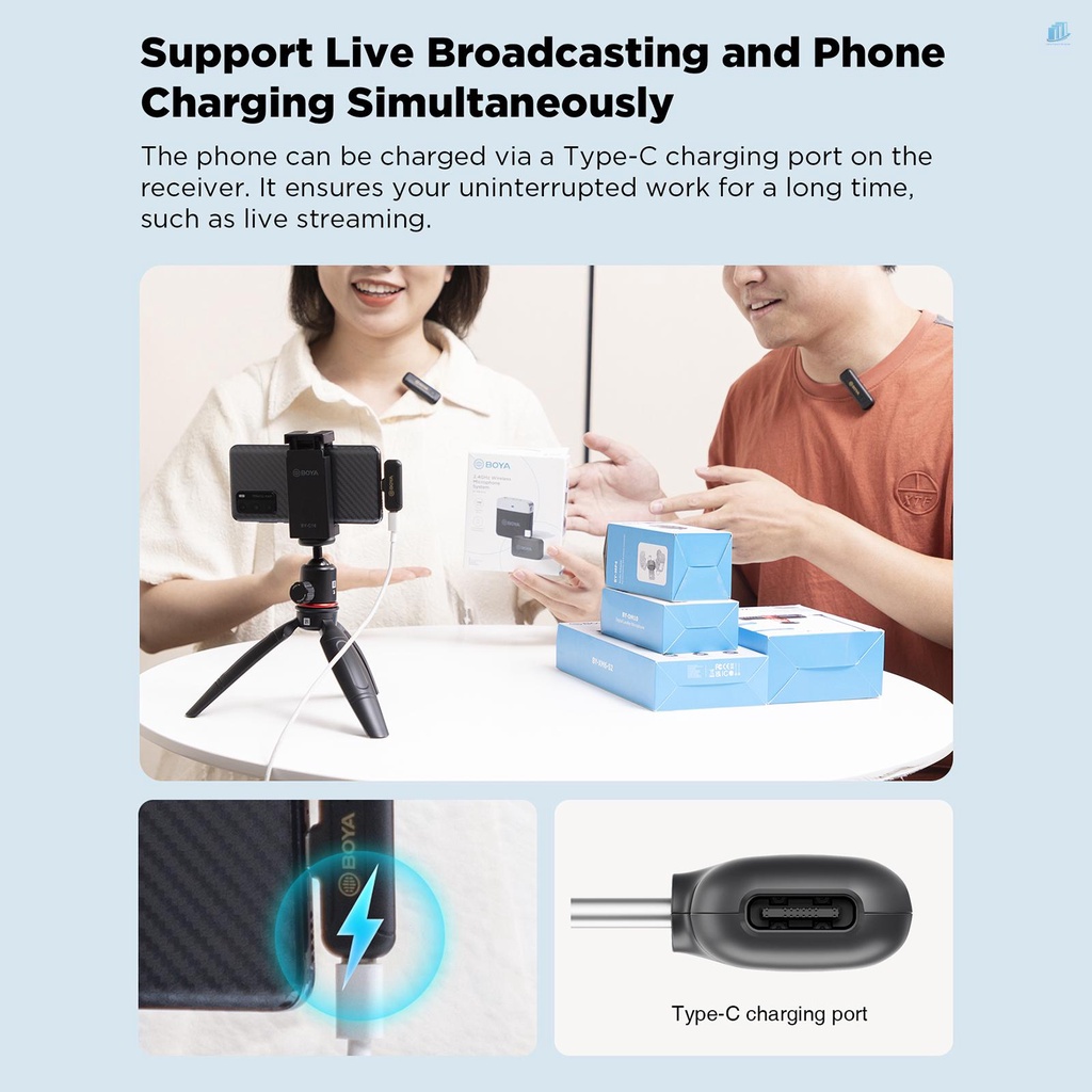 Micro Không Dây Mini 2.4G BOYA BY-WM3T2-U1 Có Kẹp Gắn Điện Thoại / Máy Tính Bảng Type-C 50M