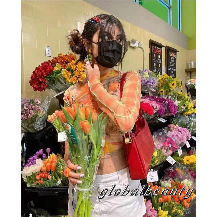 Áo Croptop Tay Dài Cổ Tròn Dáng Ôm In Họa Tiết Hoạt Hình Xinh Xắn Cho Nữ