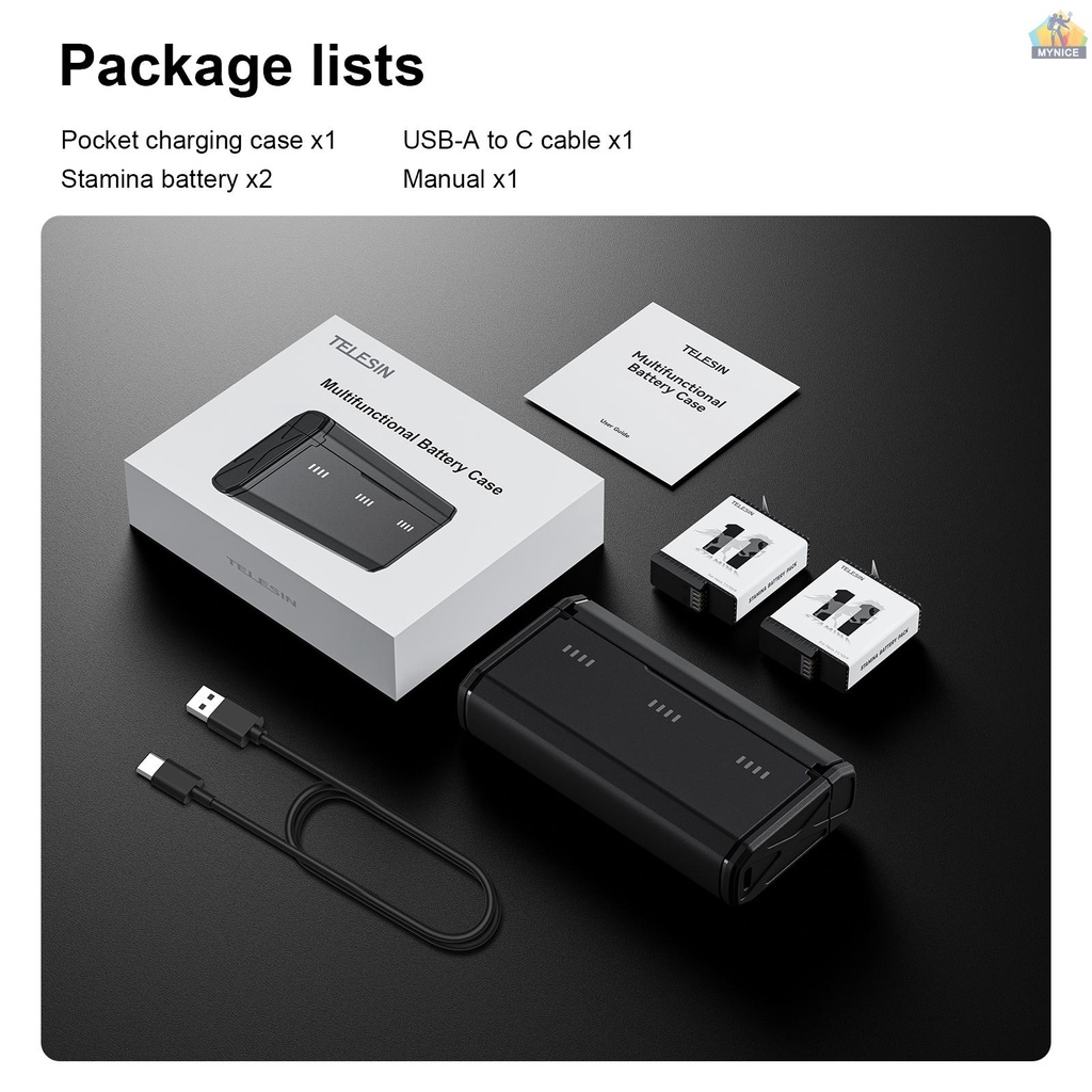 TELESIN Hộp Sạc Pin GP-HPK-011 Có 3 Khe Cắm USB Và 2 Ngăn Đựng Thẻ 2 Pin 1750mAh