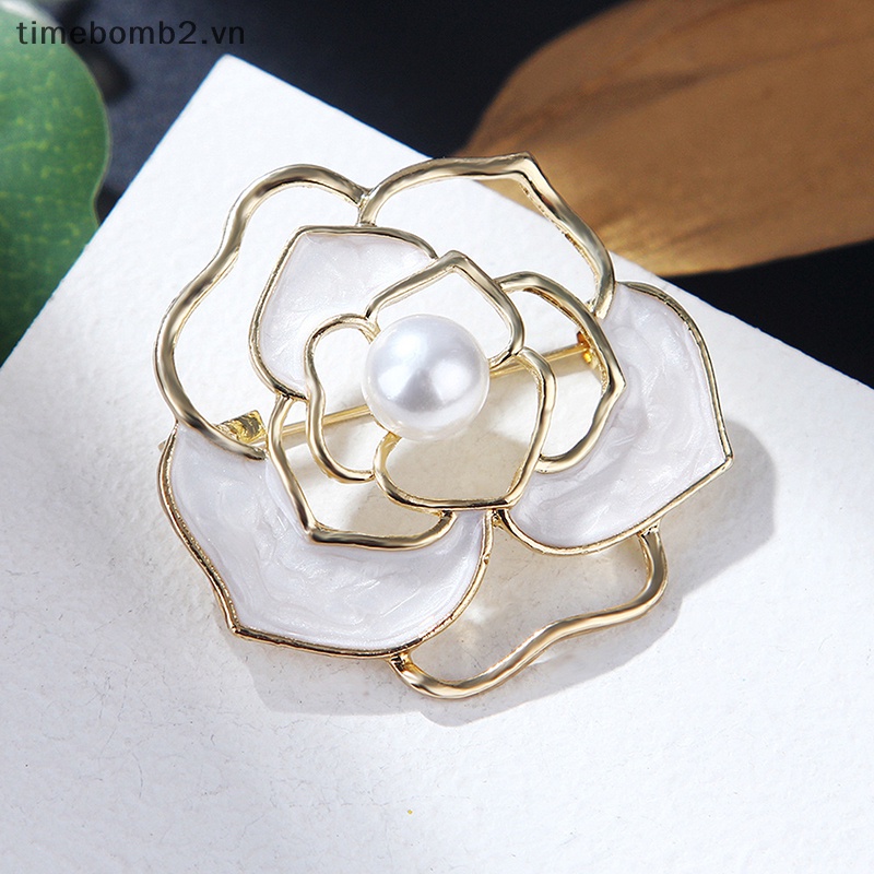 {Timebomb} Ghim Cài Áo Hình Hoa Trà Khoét Rỗng Đính Ngọc Trai Phụ Kiện Đi Tiệc Cho Nữ