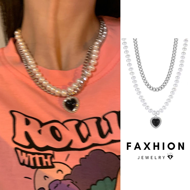 Vòng cổ Hai Lớp Màu Đen Đính Ngọc Trai Và Trái Tim Cho Nữ Y2K Acessories