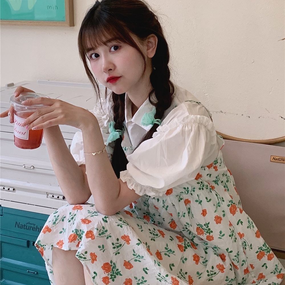Set Áo Sơ Mi Trắng Ngắn Tay Phồng + Đầm Hai Dây Họa Tiết Hoa Thời Trang Mùa Hè Cho Nữ