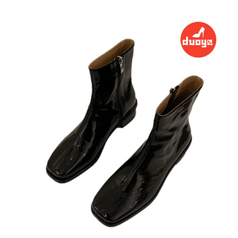Duoya Tóc Thẳng ~ [Phong Cách Retro] Giày Bốt Martin Da Bóng Gót Vừa Dày Mũi Vuông Phong Cách Anh Quốc