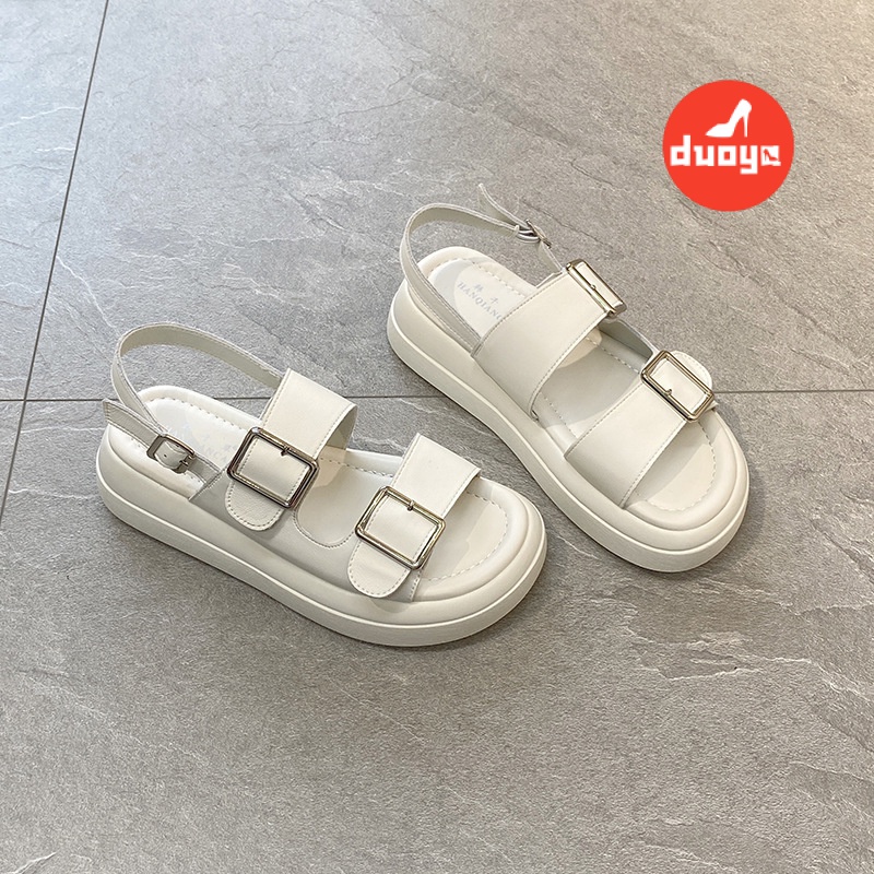 Duoya Tóc Thẳng ~ [Hàng Có Sẵn] Giày Sandal Đế Dày Hở Ngón Bằng Da Mềm Có Khóa Kim Loại Thời Trang Mùa Hè Cho Nữ Miễn Phí Vận Chuyển