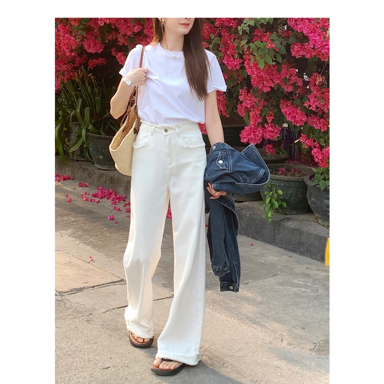 Quần jean SUXI ống rộng lưng cao viền tua rua thời trang mùa xuân cho nữ