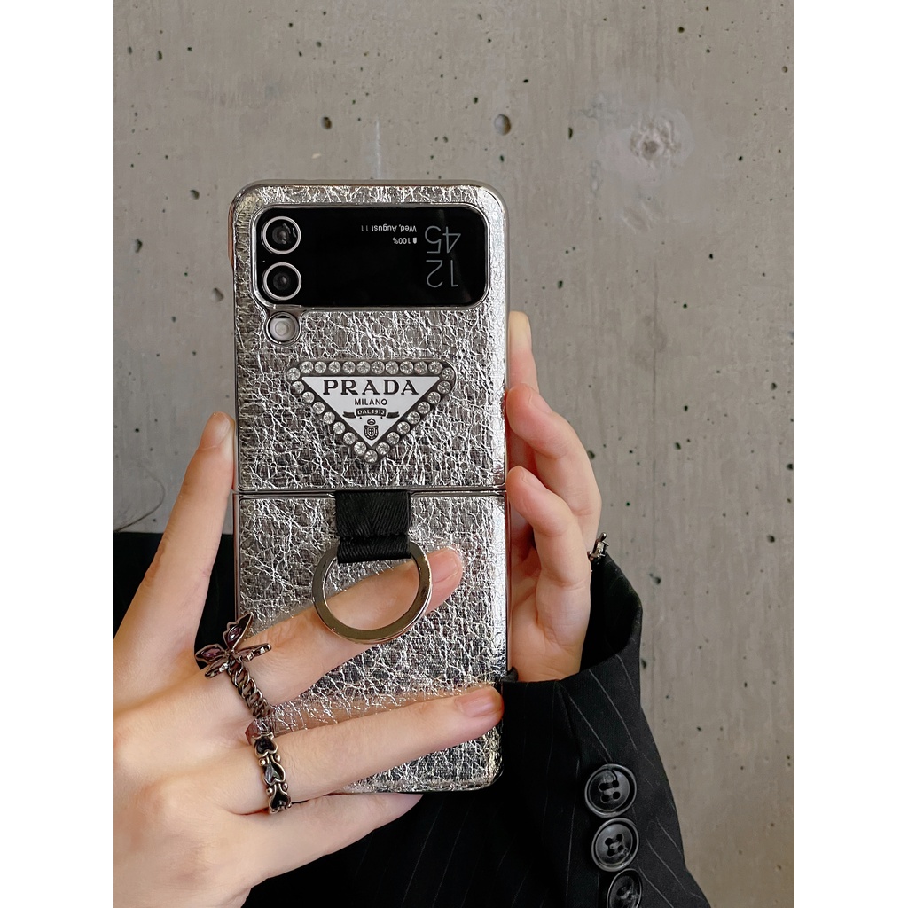 Ốp Điện Thoại Da Màu Trơn Có Giá Đỡ Dạng Vòng Tròn Xỏ Ngón Tay Cho Samsung Galaxy Z Flip 3 4