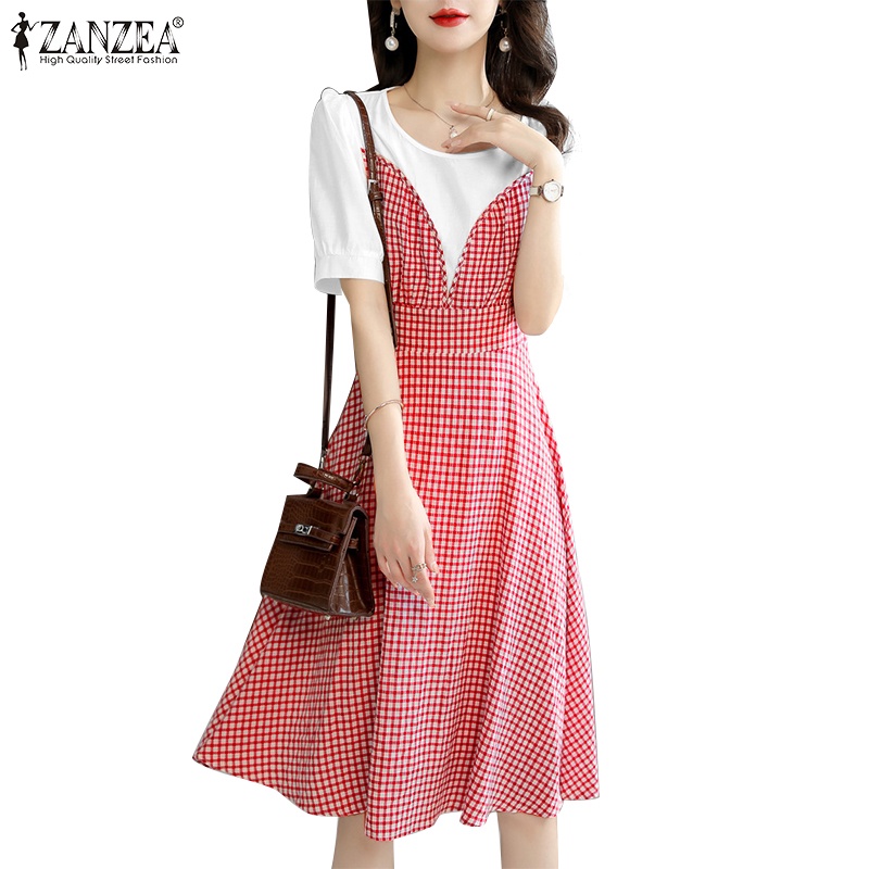 Đầm ZANZEA ngắn tay cổ tròn họa tiết caro thời trang dành cho nữ