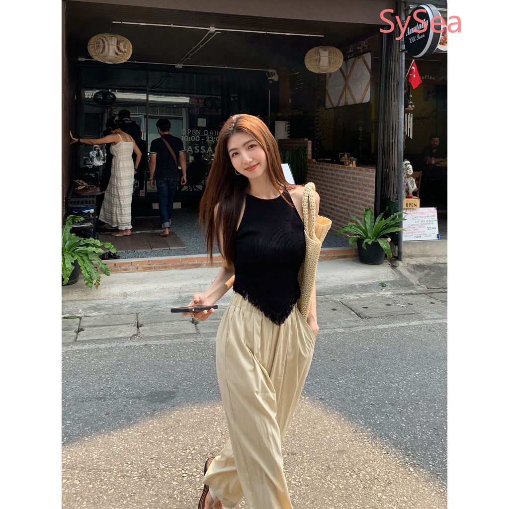 Áo Hai Dây Dệt Kim Ôm Dáng Phối Tua Rua Thời Trang Mùa Hè Cho Nữ