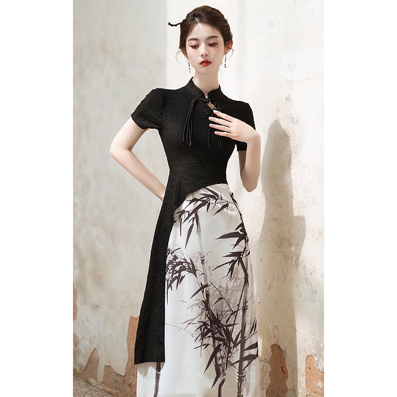 Đầm Sườn Xám Tay Ngắn Màu Đen Phối Ruy Băng Họa Tiết Mực In Phong Cách Trung Hoa Thời Trang Cho Nữ Size S - XXL