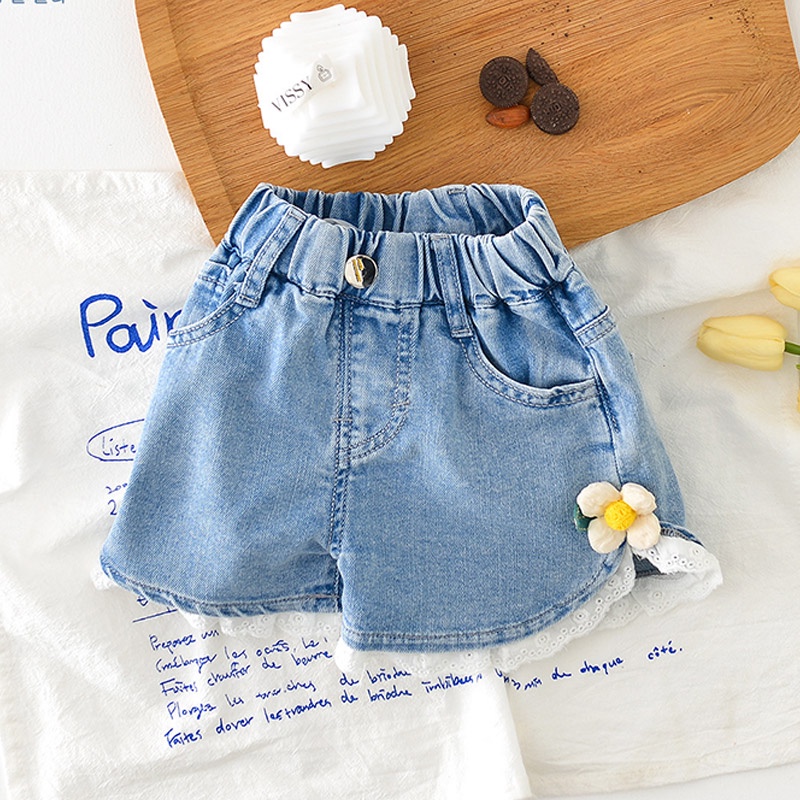 IQ Angel  Quần Short denim Mỏng Phối Ren Thời Trang Xinh Xắn Cho Bé Gái