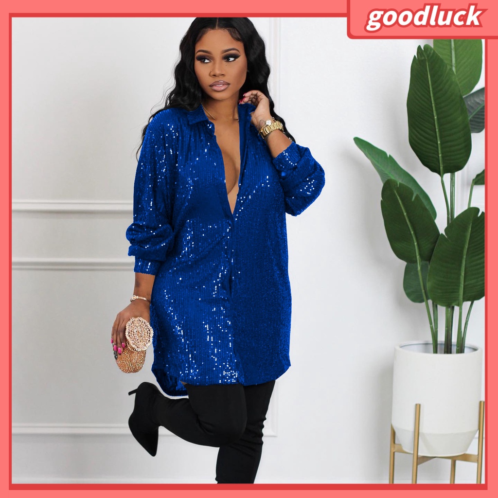 Áo Sơ Mi Tay Dài Dáng Rộng Cổ Bẻ Đính Kim Sa Lấp Lánh Thời Trang Xuân Thu Cho Nữ