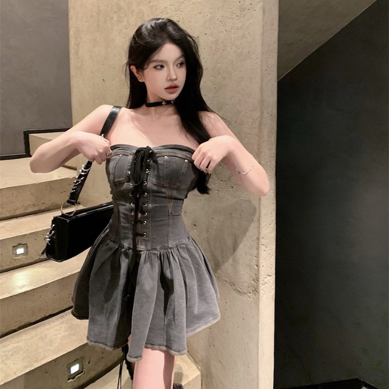 Áo Denim Trễ Vai Cột Dây Thời Trang Mùa Hè Quyến Rũ Cho Nữ