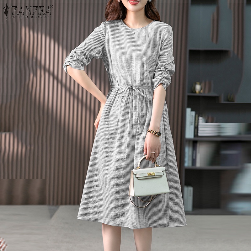 Đầm chữ A ZANZEA tay lửng họa tiết kẻ sọc thời trang Hàn Quốc cho nữ
