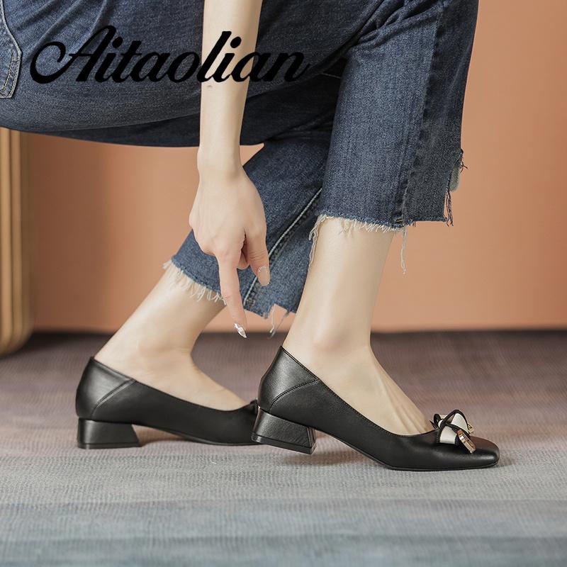 Giày Cao Gót 3cm Da Mềm Mũi Vuông Thắt Nơ Phong Cách retro Anh Quốc Thời Trang