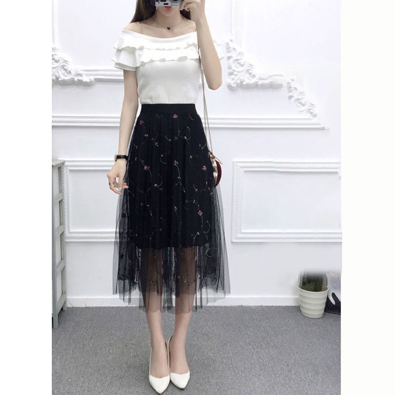 Chân Váy Chữ A Lưng Cao Phối Lưới Họa Tiết Hoa Thêu Thời Trang Cho Nữ