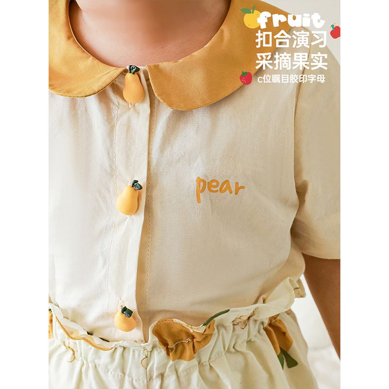 Bộ Áo Sơ Mi Cổ Búp Bê Tay Ngắn + Quần Short In Họa Tiết Trái Cây Màu Tương Phản Thời Trang Mùa