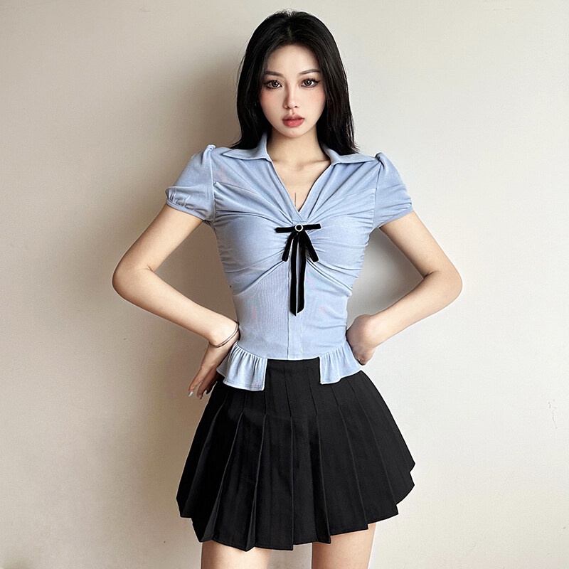 Kliou Áo Crop Top Tay Ngắn Cổ Chữ V Trang Trí Nơ Phong Cách Hàn Quốc Dễ Thương Thời Trang Mùa Hè 2023
