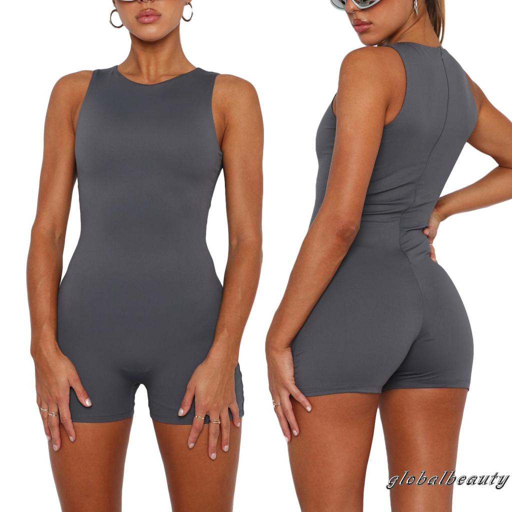 Áo Liền Quần Ngắn Không Tay Cổ Tròn Màu Sắc Đơn Giản Cho Nữ