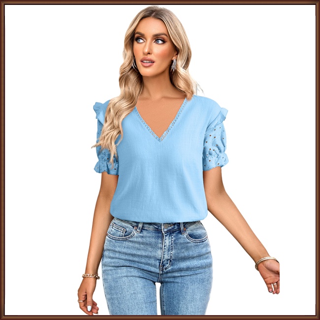 Áo Kiểu Tay Phồng Ngắn Cổ Chữ V Màu Sắc Đơn Giản Thời Trang Đi Biển Cho Nữ