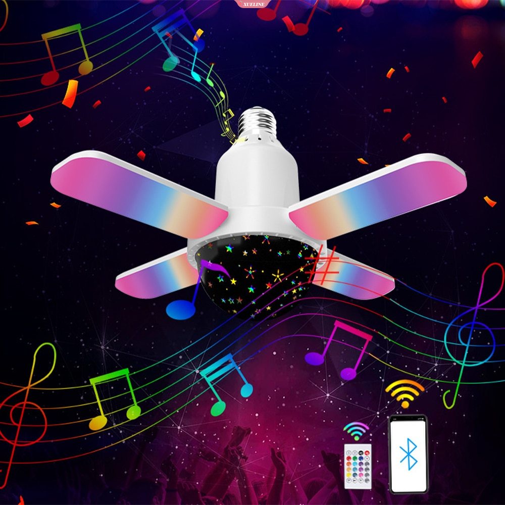 Quạt Thông Minh E27 Có Đèn LED Và Nhạc Kết Nối Bluetooth 4 Mặt Nhiều Màu Sắc Kèm Điều Khiển Từ Xa